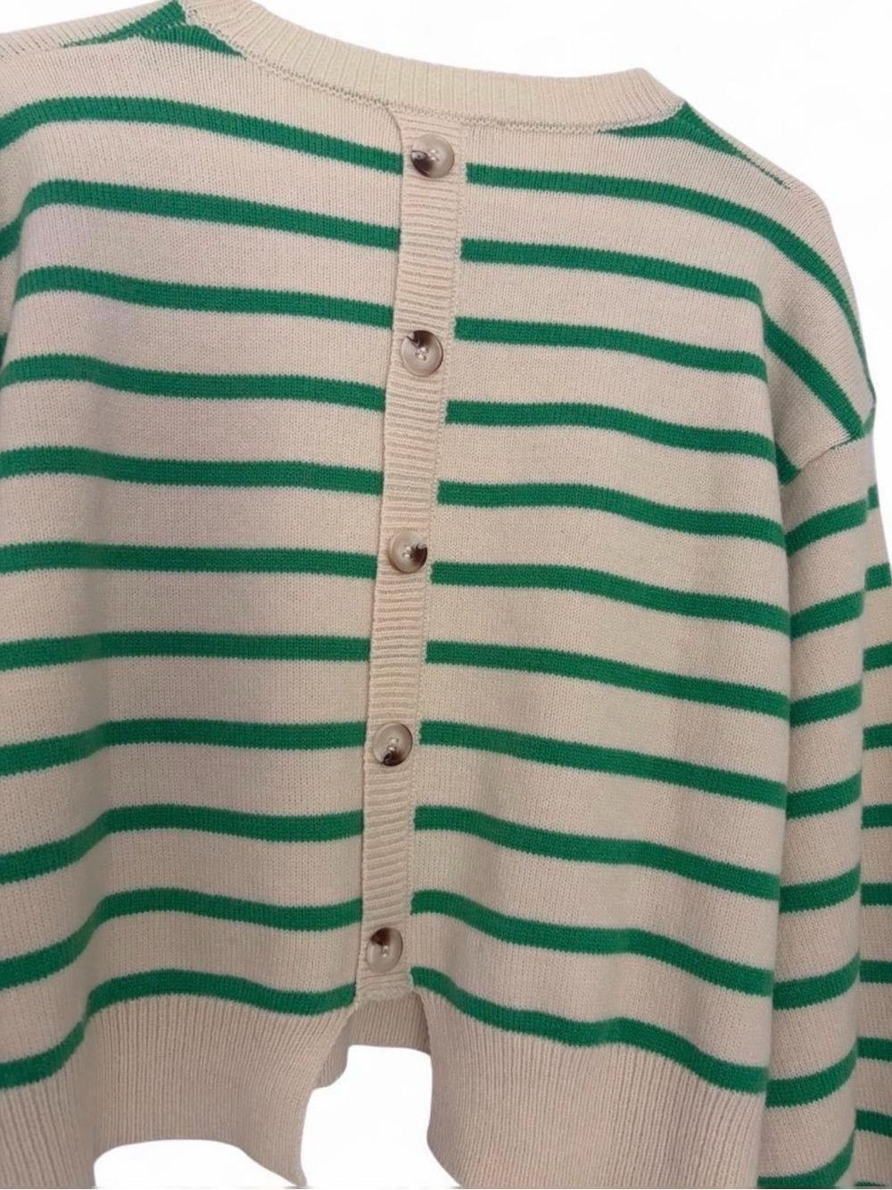 Adorable women’s Sz. S cream + green striped sweater by HYFVE. Soft knit.